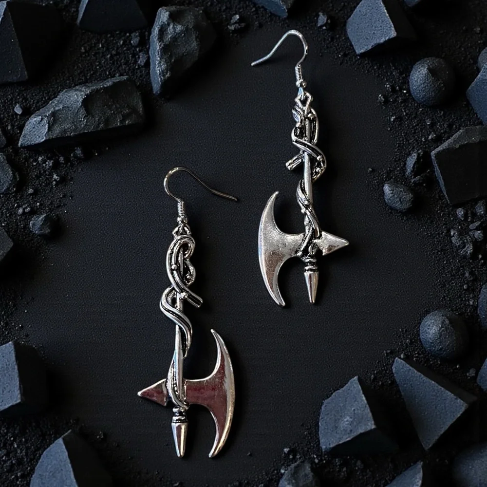 Silver Toned Battle Axe Earrings